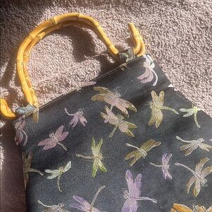 Dragonfly Embroidered Black Bag with Bamboo Handles